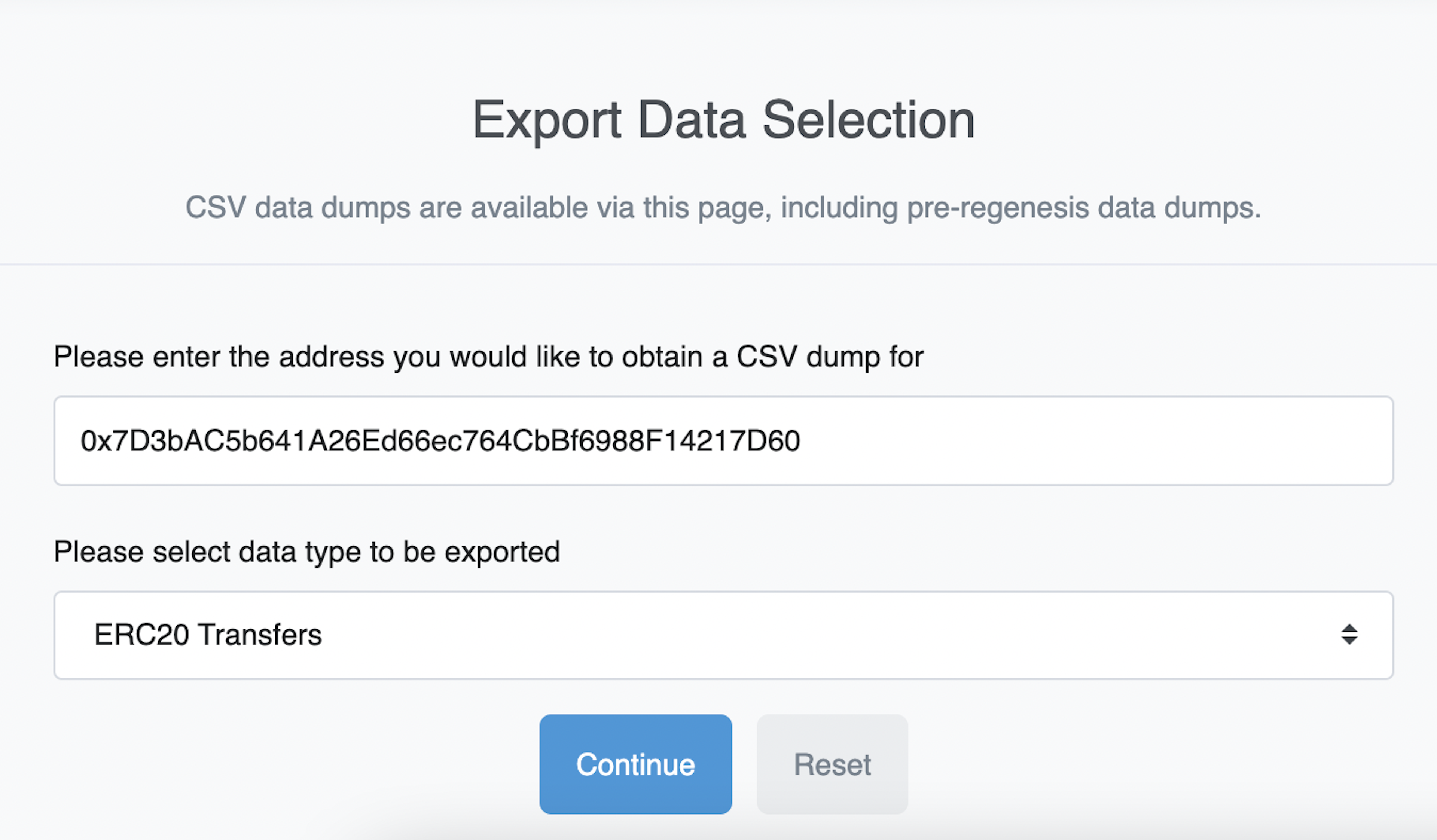 Etherscan data export page.