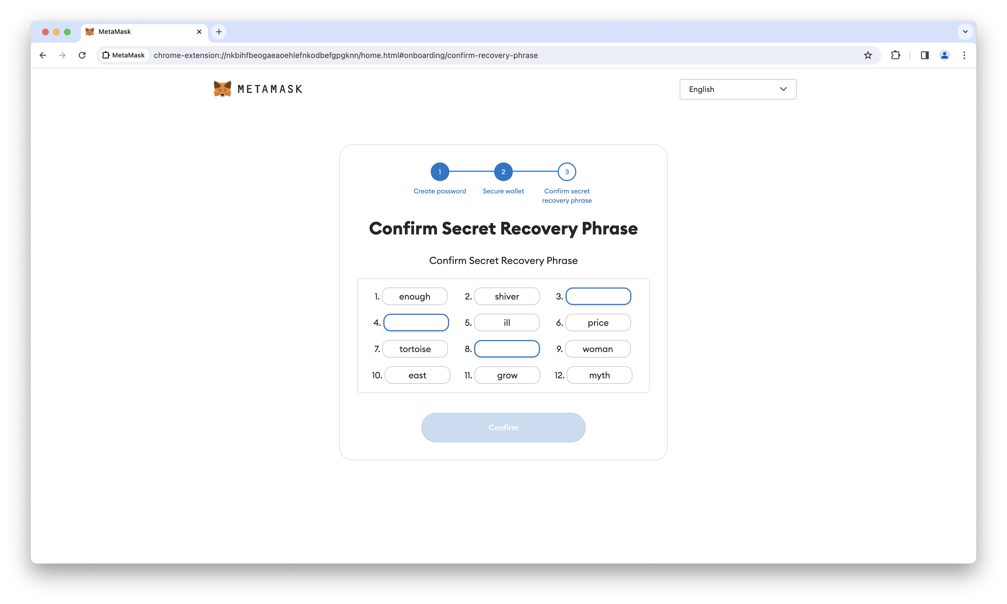 MetaMask recovery confirmation page.