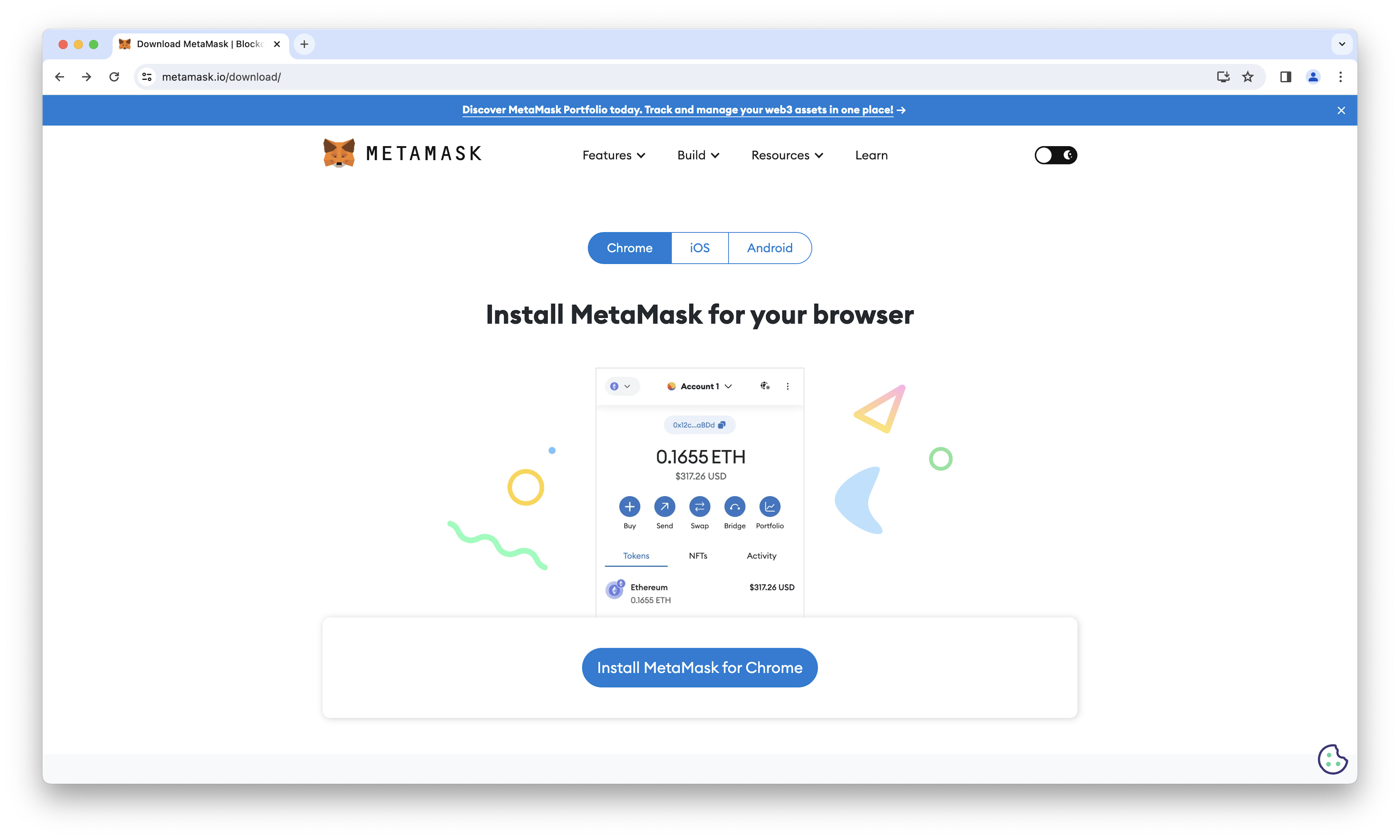 MetaMask download page.