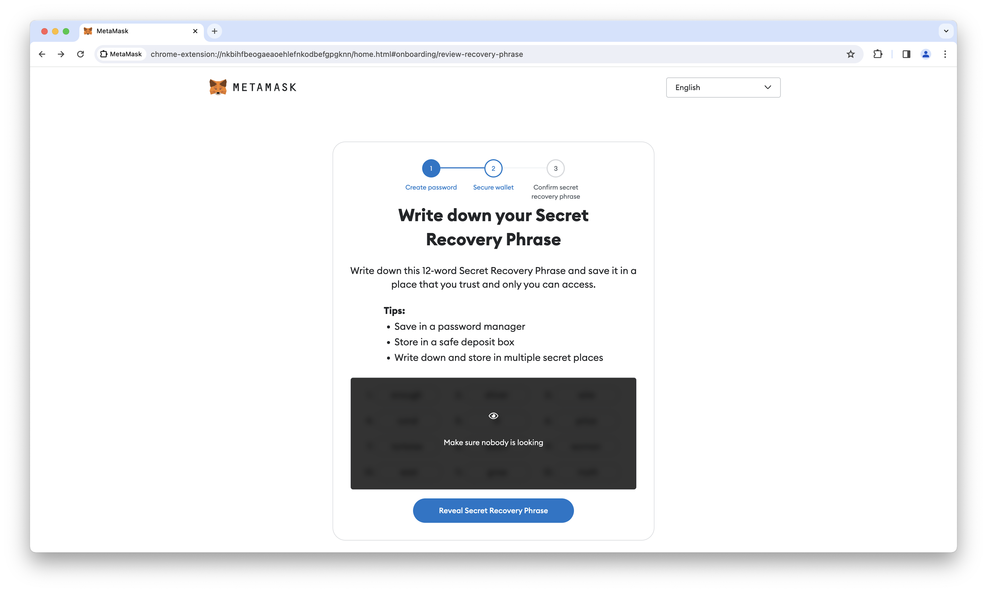 MetaMask recovery phrase page.