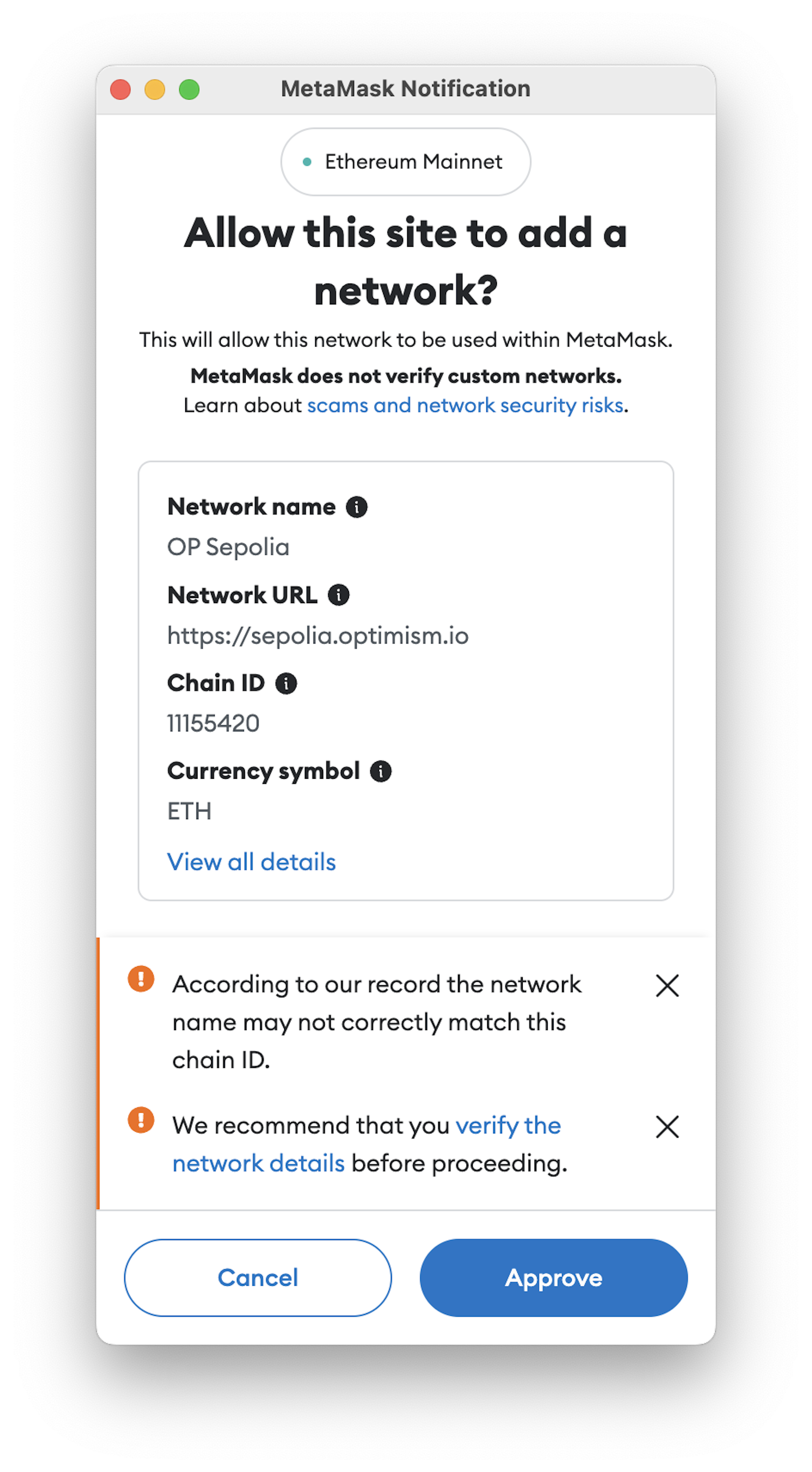 MetaMask window with the network approval pane open.